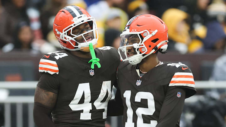 Dec 28, 2025; Cleveland, Ohio, USA; Cleveland Browns tight end Harold Fannin Jr. (44) celebrates a touchdown with  quarterback Shedeur Sanders (12) in the first quarter against the Pittsburgh Steelers at Huntington Bank Field. Mandatory Credit: Scott Galvin-Imagn Images