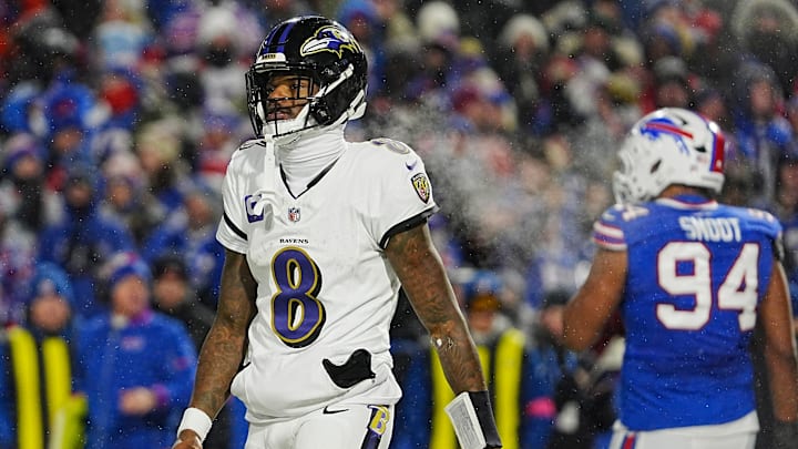 Baltimore Ravens quarterback Lamar Jackson reacts to not getting the two-point conversion attempt during second half action at the Buffalo Bills divisional game against the Baltimore Ravens at Highmark Stadium in Orchard Park on Jan. 19, 2025.