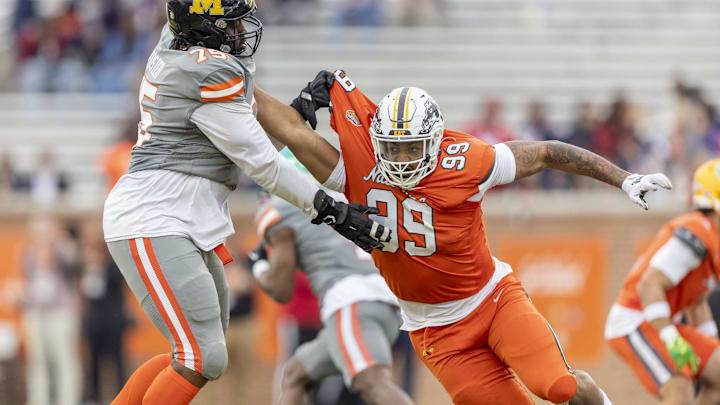 Feb 3, 2024; Mobile, AL, USA; American offensive lineman Javon Foster of Missouri (75) battle Feb 3, 2024; Mobile, AL, USA; American offensive lineman Javon Foster of Missouri (75) battle