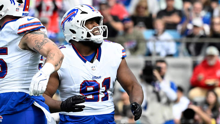 Buffalo Bills defensive tackle Ed Oliver reacts after a sack in the first quarter at Bank of America Stadium. Buffalo Bills defensive tackle Ed Oliver reacts after a sack in the first quarter at Bank of America Stadium.