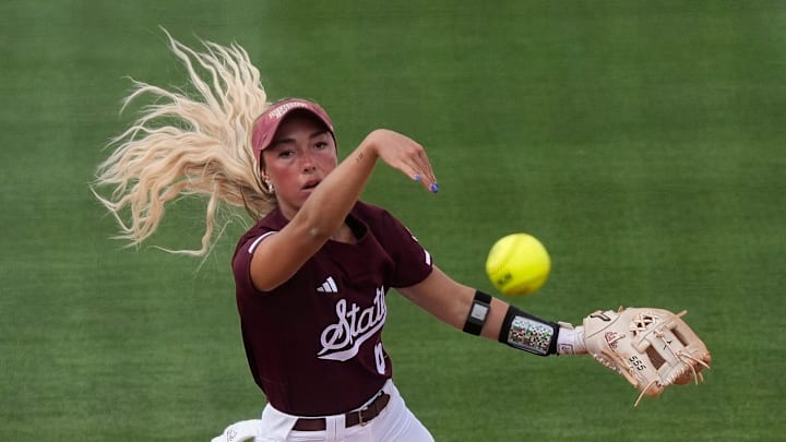 Alabama opened the SEC season on the wrong end of a 9-1 score against Mississippi State at Rhoads Stadium. Mississippi State shortstop Kylee Edwards throws to first to record an out.