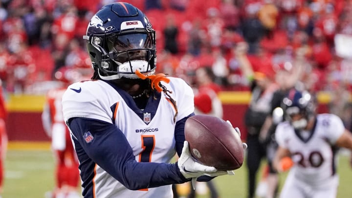 Oct 12, 2023; Kansas City, Missouri, USA; Denver Broncos cornerback Tremon Smith (1) warms up against the Kansas City Chiefs prior to a game at GEHA Field at Arrowhead Stadium. Mandatory Credit: Denny Medley-USA TODAY Sports