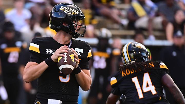 Southern Miss Golden Eagles quarterback Ethan Hampton (5) looks to pass the ball during the college football game between the Southern Miss Golden Eagles and the Alcorn State Braves at Renasant Stadium in Hattiesburg. Photo by Matt Bush. Southern Miss Golden Eagles quarterback Ethan Hampton (5) looks to pass the ball during the college football game between the Southern Miss Golden Eagles and the Alcorn State Braves at Renasant Stadium in Hattiesburg. Photo by Matt Bush.