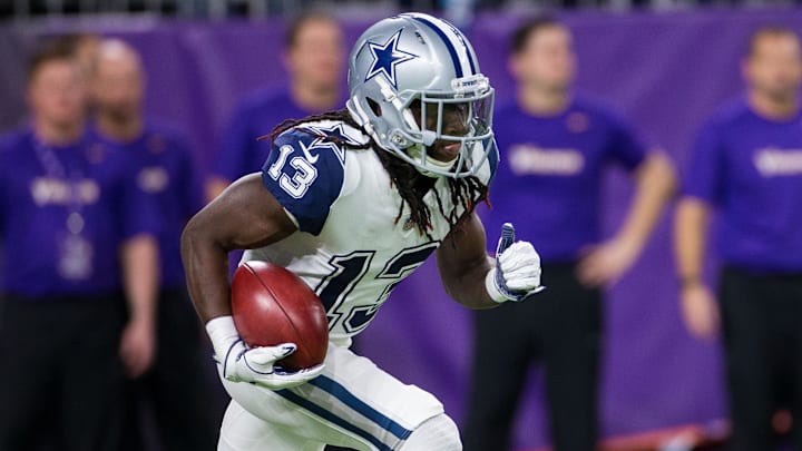 Dec 1, 2016; Minneapolis, MN, USA; Dallas Cowboys wide receiver Lucky Whitehead (13) receives the kickoff in the first quarter against the Minnesota Vikings at U.S. Bank Stadium.