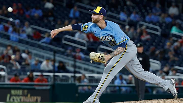 Milwaukee Brewers relief pitcher Easton McGee. Milwaukee Brewers relief pitcher Easton McGee.