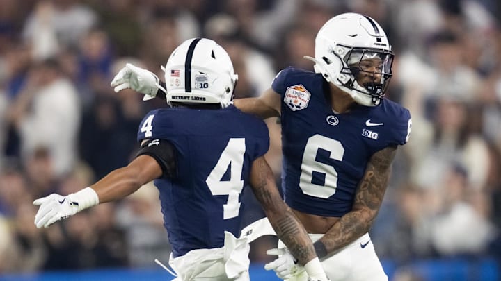 Penn State Nittany Lions cornerback A.J. Harris (4) and safety Zakee Wheatley (6) celebrate a play against the Boise State Broncos during the Fiesta Bowl.