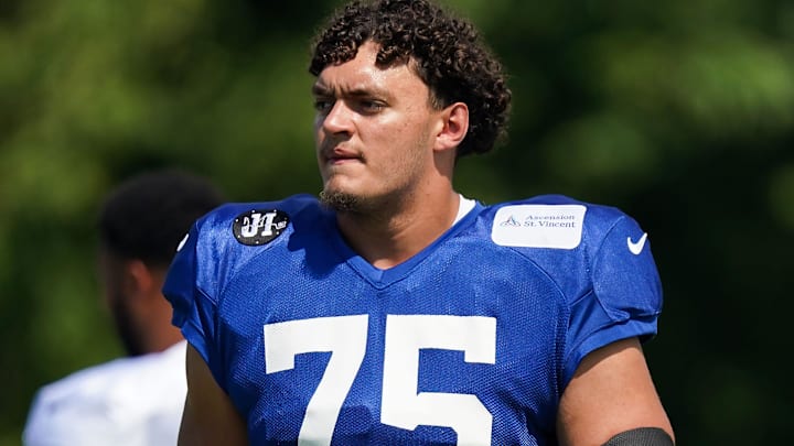 Indianapolis Colts offensive tackle Jalen Travis (75) walks up the field Sunday, Aug. 10, 2025, during Indianapolis Colts Training Camp at Grand Park in Westfield. Indianapolis Colts offensive tackle Jalen Travis (75) walks up the field Sunday, Aug. 10, 2025, during Indianapolis Colts Training Camp at Grand Park in Westfield.