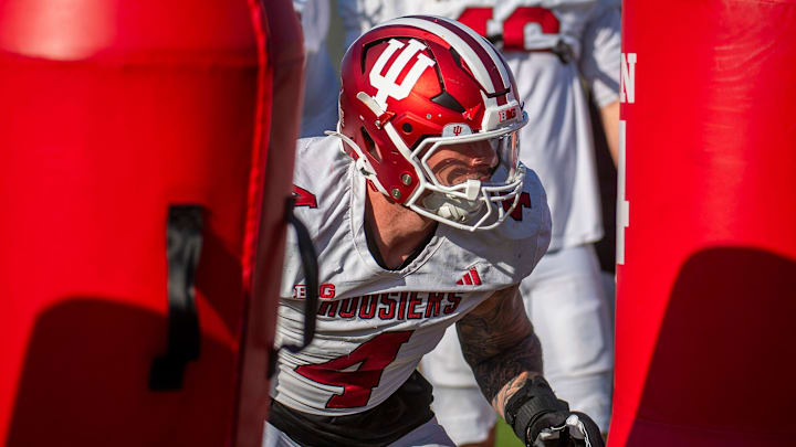 Indiana's Aiden Fisher (4) runs a drill during spring football practice on Thursday, April 10, 2025. Indiana's Aiden Fisher (4) runs a drill during spring football practice on Thursday, April 10, 2025.