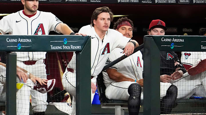 Arizona Diamondbacks Jake McCarthy watches the action against Baltimore Orioles in the second inning at Chase Field in Phoenix, on April 9, 2025.