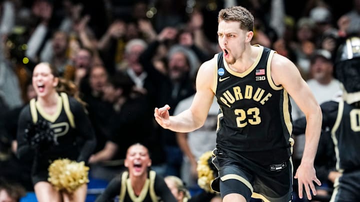 Purdue Boilermakers forward Camden Heide (23) celebrates a 3-pointer in the last seconds of the game Saturday, March 29, 2025, during the NCAA Tournament Sweet 16 game at Lucas Oil Stadium in Indianapolis.