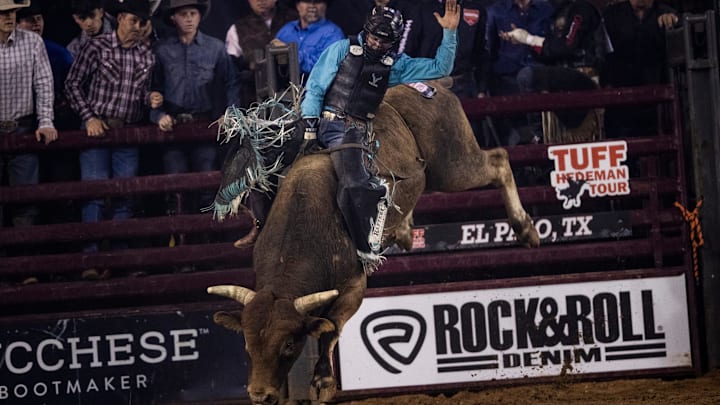 Wacey Schalla rides during in the Tuff Hedeman Tour bull riding competition in El Paso, Texas at the El Paso County Coliseum on Feb. 4, 2023.
Tuff Hedeman0159 Wacey Schalla rides during in the Tuff Hedeman Tour bull riding competition in El Paso, Texas at the El Paso County Coliseum on Feb. 4, 2023.
Tuff Hedeman0159