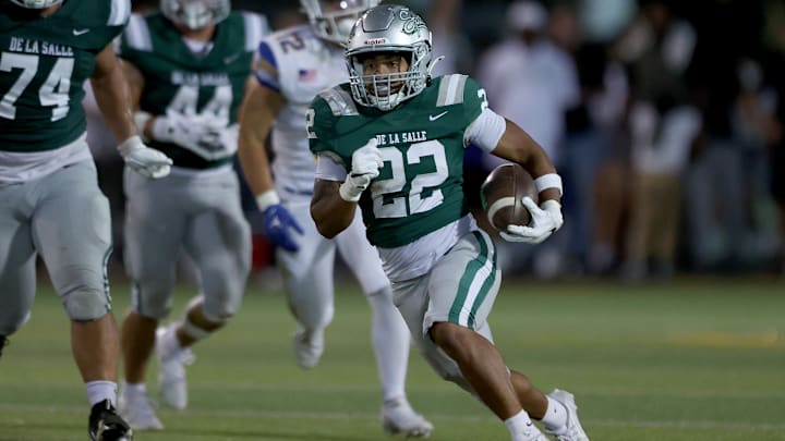 Derrick Blanche Jr. (22) finished with 12 carries, 182 yards rushing, including a 62-yard touchdown jaunt to finish off the scoring. De La Salle finished with 332 yards rushing and 408 overall in a 39-10 win over Serra on Sept. 6, 2024. 