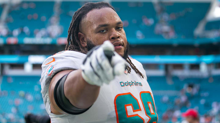 Miami Dolphins offensive tackle Robert Hunt (68) is seen while leaving the field after the end of