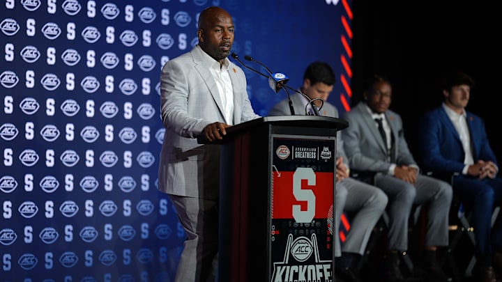 Jul 23, 2025; Charlotte, NC, USA; Syracuse Head Coach Fran Brown answers questions from the media during ACC Media days at Hilton Charlotte Uptown. Mandatory Credit: Jim Dedmon-Imagn Images