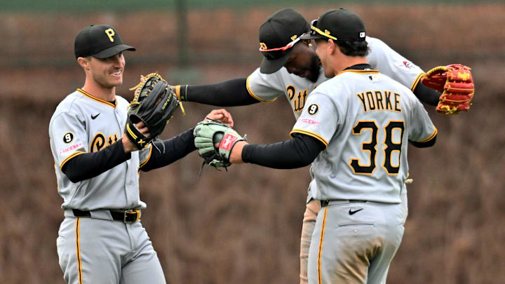 Apr 11, 2026; Chicago, Illinois, USA; Pittsburgh Pirates outfielders Jake Mangum, O’Neil Cruz, and Ryan O’Hearn (38) celebrate their victory over the Chicago Cubs at Wrigley Field. Mandatory Credit: Patrick Gorski-Imagn Images Apr 11, 2026; Chicago, Illinois, USA; Pittsburgh Pirates outfielders Jake Mangum, O’Neil Cruz, and Ryan O’Hearn (38) celebrate their victory over the Chicago Cubs at Wrigley Field. Mandatory Credit: Patrick Gorski-Imagn Images