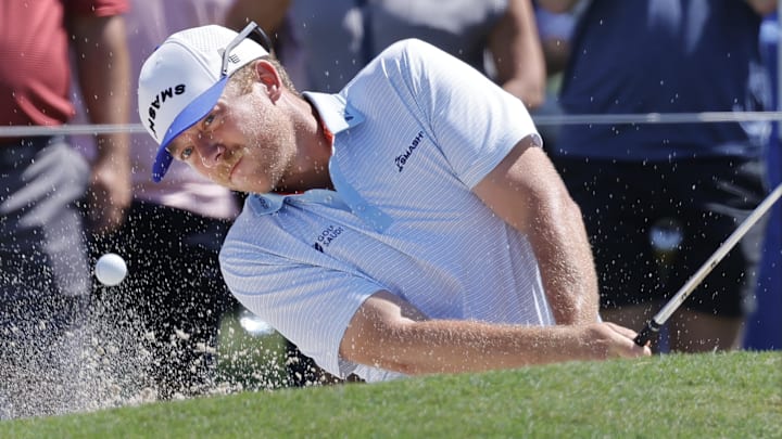 Apr 6, 2024; Miami, Florida, USA; Talor Gooch of Smash GC hits a bunker shot onto the seventh green
