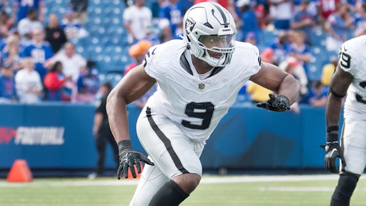 Las Vegas Raiders defensive end Tyree Wilson rushes against the Buffalo Bills.