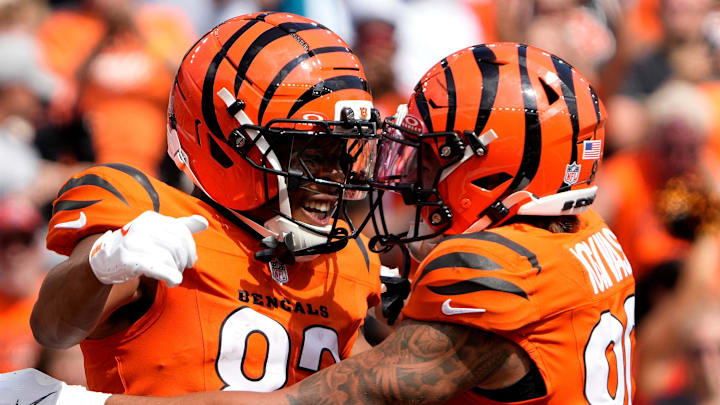 Cincinnati Bengals wide receiver Mitchell Tinsley (82) celebrates his touchdown in the 2nd half with Cincinnati Bengals wide receiver Andrei Iosivas (80). The Bengals beat the Jacksonville Jaguars 27-31 at Paycor Stadium on Sunday, September 14, 2025.