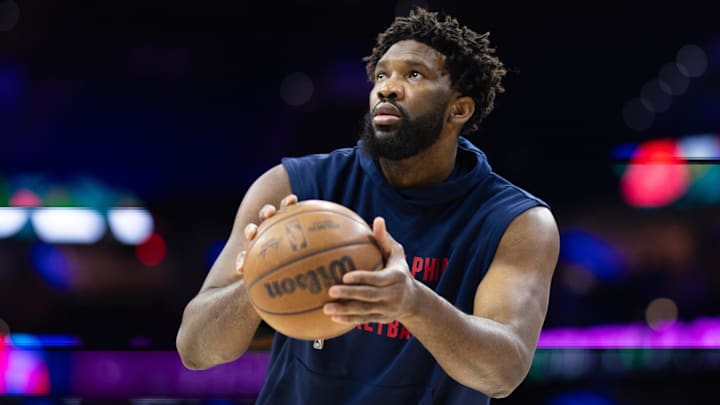 Jan 15, 2024; Philadelphia, Pennsylvania, USA; Philadelphia 76ers center Joel Embiid warms up before action against the Houston Rockets at Wells Fargo Center. Mandatory Credit: Bill Streicher-Imagn Images
