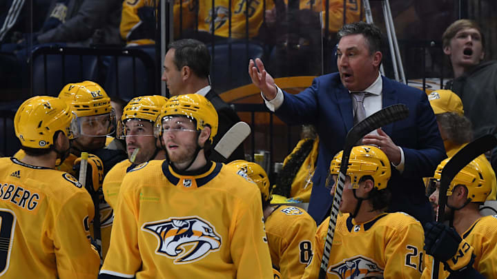 Dec 27, 2023; Nashville, Tennessee, USA; Nashville Predators head coach Andrew Brunette talks with