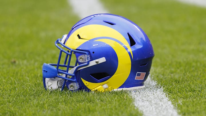 Nov 5, 2023; Green Bay, Wisconsin, USA;  General view of an Los Angeles Rams helmet during warmups prior to the game against the Green Bay Packers at Lambeau Field. Mandatory Credit: Jeff Hanisch-Imagn Images