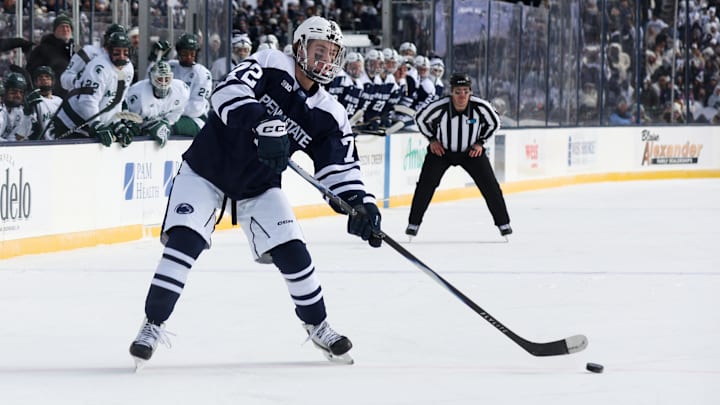Jan 31, 2026; State College, PA, USA; Penn State Nittany Lions forward Gavin McKenna (72) looks to shoot the puck during the first period against the Michigan State Spartans at Beaver Stadium. Mandatory Credit: Matthew O'Haren-Imagn Images