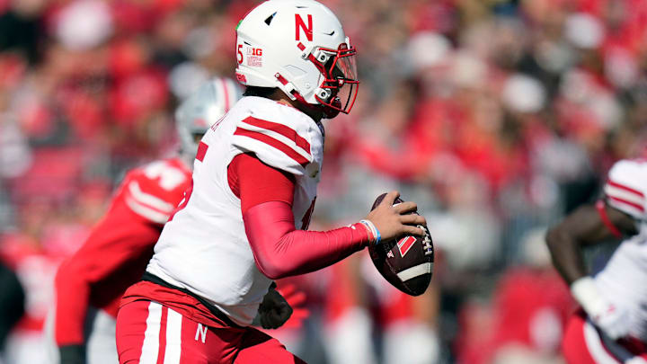 Nebraska quarterback Dylan Raiola runs with the ball against Ohio State on Oct 26, 2024, in Columbus. Nebraska quarterback Dylan Raiola runs with the ball against Ohio State on Oct 26, 2024, in Columbus.