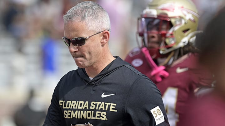 Oct 11, 2025; Tallahassee, Florida, USA; Florida State Seminoles head coach Mike Norvell after losing the game to the Pittsburgh Panthers at Doak S. Campbell Stadium. Mandatory Credit: Melina Myers-Imagn Images