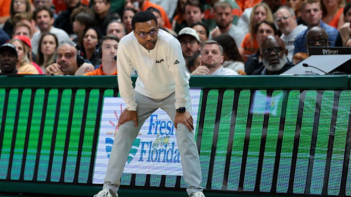 Feb 10, 2026; Coral Gables, Florida, USA; Miami Hurricanes head coach Jai Lucas looks on from sideline against the North Carolina Tar Heels during the second half at Watsco Center. Mandatory Credit: Sam Navarro-Imagn Images