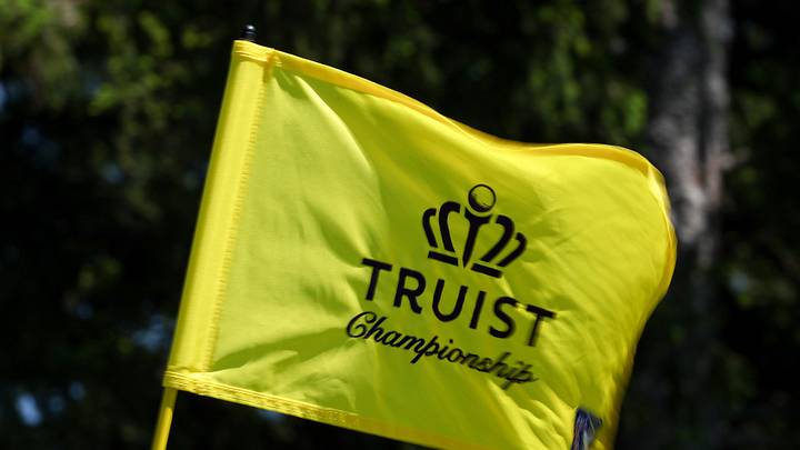 A Truist championship flag on the first green during the third round of the 2025 Truist Championship