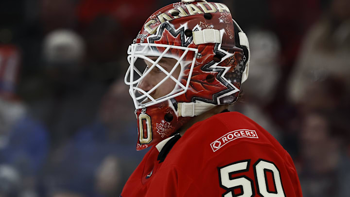 Feb 20, 2025; Boston, MA, USA; [Imagn Images direct customers only] Team Canada goaltender Jordan Binnington (50) during the 4 Nations Face-Off ice hockey championship game against the United States at TD Garden. Mandatory Credit: Winslow Townson-Imagn Images
