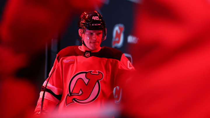 New Jersey Devils left wing Brian Halonen (48): Ed Mulholland-Imagn Images