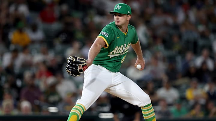 May 19, 2025; West Sacramento, California, USA; Athletics pitcher Matt Krook (62) throws a pitch against the Los Angeles Angels during the seventh inning at Sutter Health Park. Mandatory Credit: Dennis Lee-Imagn Images