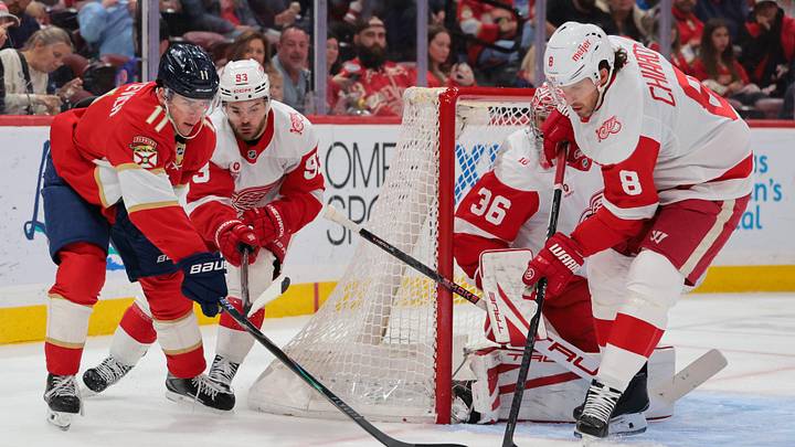 Apr 15, 2026; Sunrise, Florida, USA; Detroit Red Wings defenseman Ben Chiarot (8) blocks a shot against Florida Panthers right wing MacKie Samoskevich (11) during the second period at Amerant Bank Arena. Mandatory Credit: Sam Navarro-Imagn Images