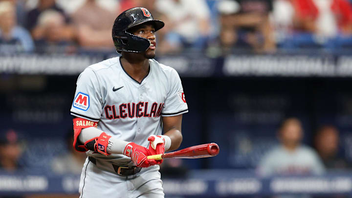 Jul 13, 2024; St. Petersburg, Florida, USA; Cleveland Guardians outfielder Angel Martinez (1) hits a home run against the Tampa Bay Rays in the fifth inning at Tropicana Field. Mandatory Credit: Nathan Ray Seebeck-Imagn Images