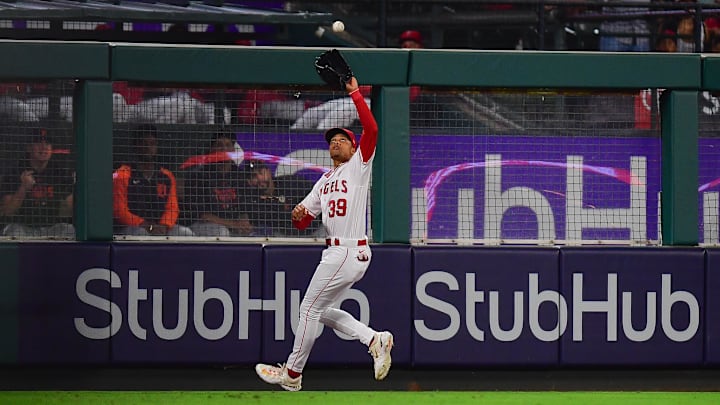 Sep 15, 2023; Anaheim, California, USA; Los Angeles Angels left fielder Jordyn Adams (39) catches the fly ball of Detroit Tigers left fielder Matt Vierling (8) during the fourth inning at Angel Stadium.