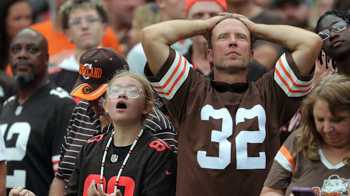 Browns fans react after a fumble was overturned by officials during the second half of an NFL football game against the Green Bay Packers at Huntington Bank Field, Sept. 21, 2025, in Cleveland, Ohio. Browns fans react after a fumble was overturned by officials during the second half of an NFL football game against the Green Bay Packers at Huntington Bank Field, Sept. 21, 2025, in Cleveland, Ohio.