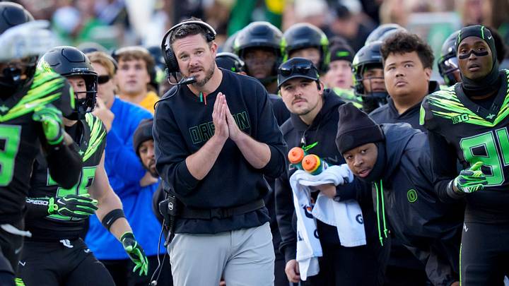 Oregon head coach Dan Lanning watches his final kickoff bounce down the sideline as the Oregon Ducks host the UCLA Bruins on Oct. 10, 2026, at Autzen Stadium in Eugene, Oregon.