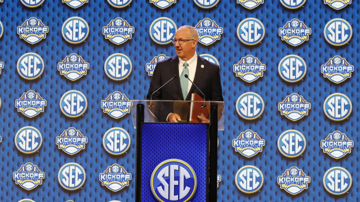 SEC commissioner Greg Sankey speaking at SEC Kickoff 2024 in Dallas, Texas