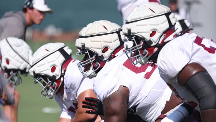 The Alabama offensive line practices on August 3, 2024 The Alabama offensive line practices on August 3, 2024