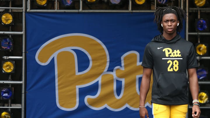 Sep 10, 2022; Pittsburgh, Pennsylvania, USA;  Pittsburgh Panthers Pittsburgh Panthers defensive back Noah Biglow (28) takes the field to warm up before the game against the Tennessee Volunteers at Acrisure Stadium. Mandatory Credit: Charles LeClaire-Imagn Images