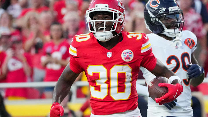 Aug 22, 2025; Kansas City, Missouri, USA; Kansas City Chiefs running back Brashard Smith (30) celebrates after a catch and run against the Chicago Bears during the first half of the game at GEHA Field at Arrowhead Stadium. Mandatory Credit: Denny Medley-Imagn Images