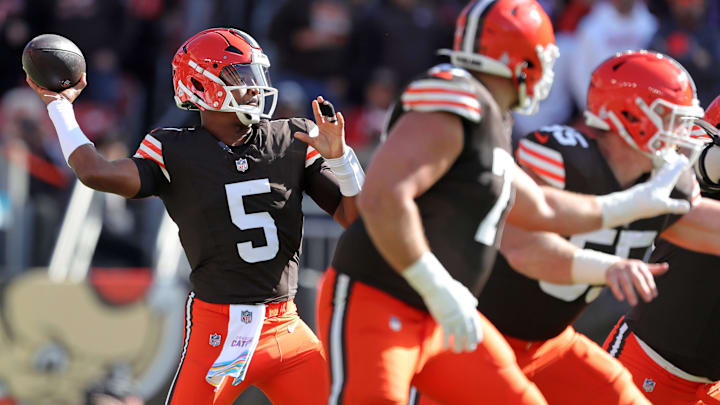 Cleveland Browns quarterback Jameis Winston (5) looks to throw during the first half of an NFL football game at Huntington Bank Field, Sunday, Oct. 27, 2024, in Cleveland, Ohio.