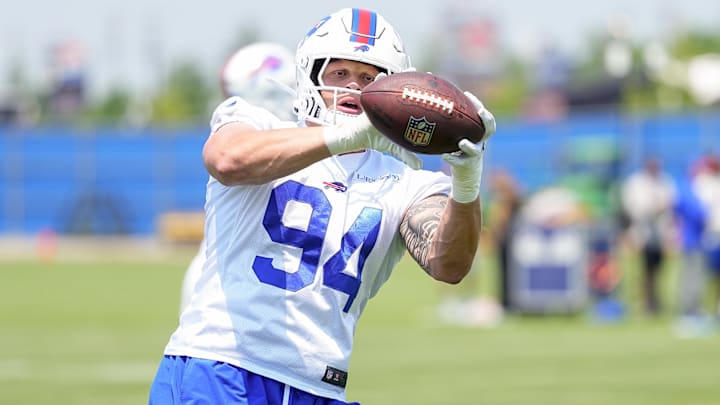 Buffalo Bills edge rusher Landon Jackson makes a catch during Minicamp at Highmark Stadium.