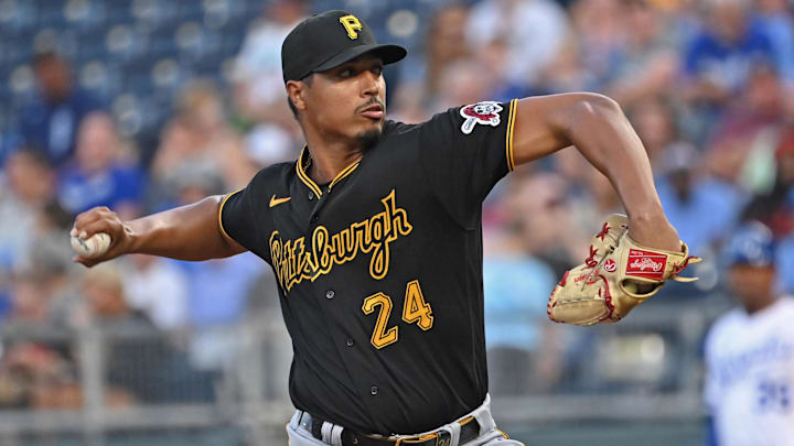 Aug 28, 2023; Kansas City, Missouri, USA;  Pittsburgh Pirates starting pitcher Johan Oviedo (24)