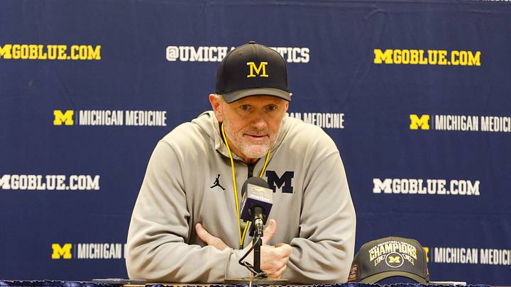 Apr 18, 2026; Ann Arbor, MI, USA; Michigan Wolverines head coach Kyle Whittingham gives remarks following the spring game at Michigan Stadium. Mandatory Credit: Brian Bradshaw Sevald-Imagn Images
