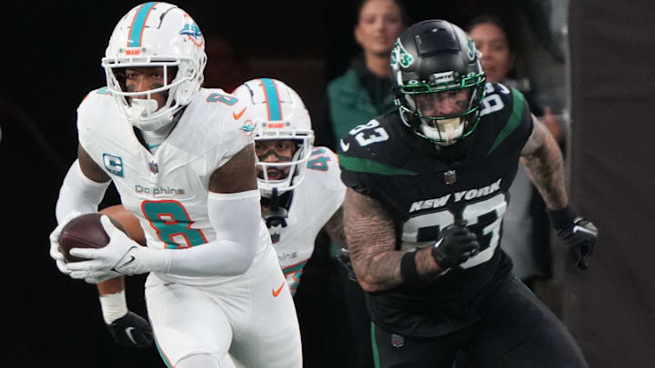 East Rutherford, NJ     November 24, 2023 -- Jevon Holland of Miami returned thisinterception for a 100 yard TD in the first half as the Miami Dolphins defeated the NY Jets 34-13 at MetLife Stadium on November 24, 2023 in East Rutherford, NJ to play in the first    Black Friday    NFL game.