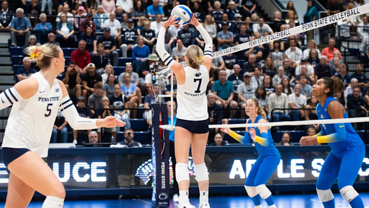 Penn State's Addie Lyon (7) sets the ball during a Big Ten volleyball match against UCLA on Sunday, Sept. 28, 2025, in State College. Penn State's Addie Lyon (7) sets the ball during a Big Ten volleyball match against UCLA on Sunday, Sept. 28, 2025, in State College.