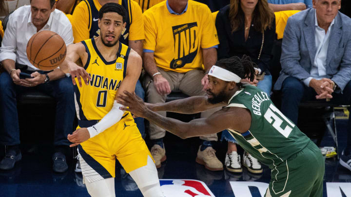 May 2, 2024; Indianapolis, Indiana, USA; Indiana Pacers guard Tyrese Haliburton (0) passes the ball