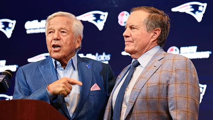 Jan 11, 2024; Foxborough, MA, USA; New England Patriots owner Robert Kraft (left) and Patriots former head coach Bill Belichick (right) and hold a press conference at Gillette Stadium to announce Belichick's exit from the team. Mandatory Credit: Eric Canha-Imagn Images